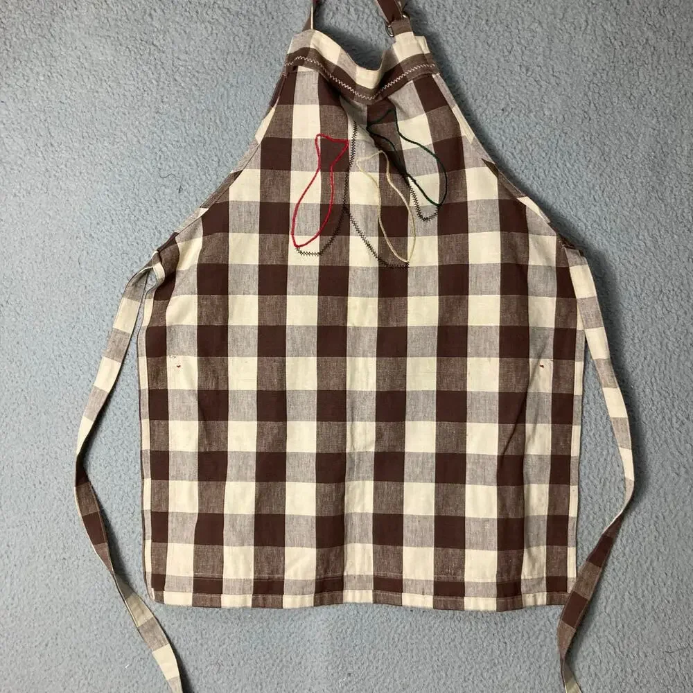 Vintage Handmade Fishing Tackle Apron Brown Gingham Check Retro Pocket Grilling‎